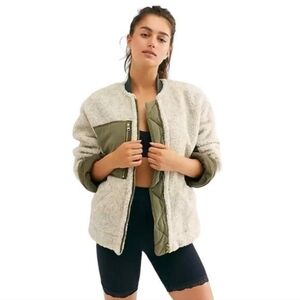 Free People Rivington Sherpa Olive Oversized Relaxed Zipper Jacket Womens XS